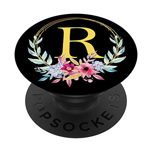 Letter R Initial Floral Flower Monogram Gift Women Girls PopSockets PopGrip- Swappable Grip for Phones  and  Tablets