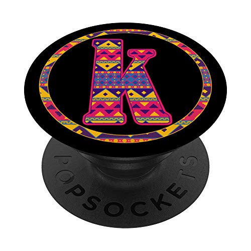 Letter K Monogram Name Initial Mexican Pattern on Black PopSockets Grip and Stand for Phones and Tablets