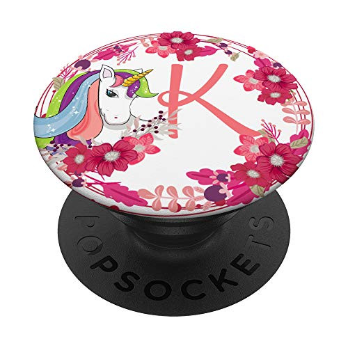 Cute Unicorn  and  Flowers Letter K Initials Monogram PopSockets Grip and Stand for Phones and Tablets