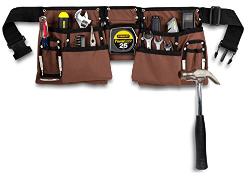 11 Pocket Brown and Black Heavy Duty Construction Tool Belt, Work Apron, Tool Pouch, with Poly Web Belt Quick Release Buckle - Adjusts from 31 Inches All the Way to 52 Inches