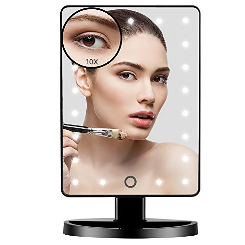 Vanity Lighted Makeup Mirror with 21 Led Lights Dual Power Supply, Cosmetic Desk Table Makeup Mirror with Detachable 10X Magnification, Touch Screen Light Adjustable Dimmable 180° Rotation(Black)
