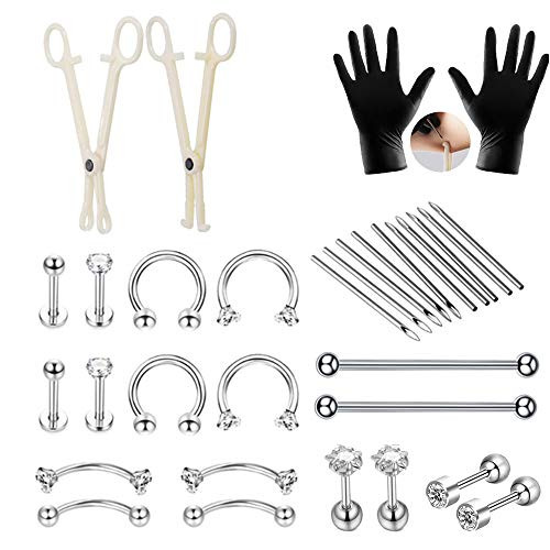 Body Piercing Kit - Yuelong 42pcs Professional Nose Piercing Kit 14G 16G Piercing Needles Piercing Clamps Gloves Nose Ring Studs Belly Ring Tongue Tragus Nipple Lip Eyebrow Body Jewelry Piercing Tools