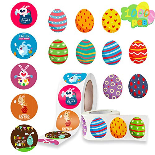 Easter Stickers for Kids 14 Pattern with 1000 PSC Roll Stickers Happy Easter Bunny Stickers Easter Egg Stickers Assorted Vibrant Colors and Designs Stickers for Easter Theme Party Decoration