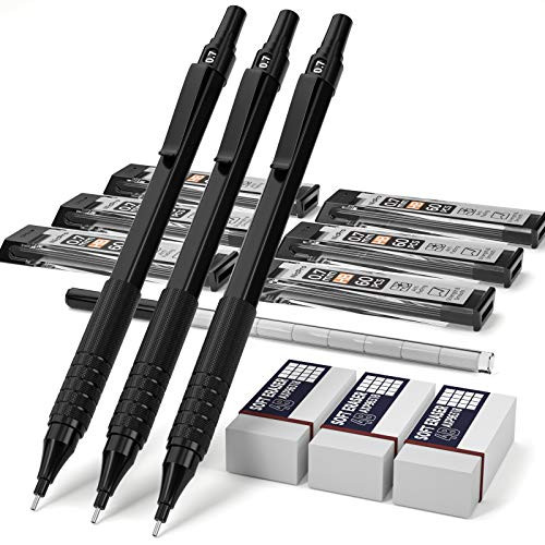 Nicpro Black 0.7 mm Mechanical Pencils Set 3 PCS Metal Automatic Artist Drafting Pencil With 6 Tubes HB Pencil Leads And 3 Erasers For Writing Drafting Drawing Sketch-Come With Case