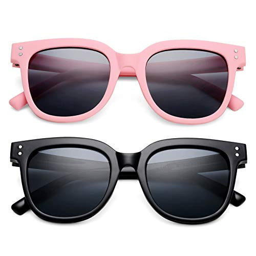 Kids Polarized Sunglasses Square TR90 Flexible Frames UV Protection Lens for Children Boys  and  Girls Age 3-8 -Black  plus Pink- - 2 Pack