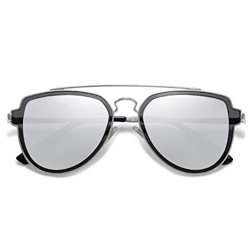 SOJOS Polarized Double Bridge Aviator Sunglasses for Men Women Mirrored Lens SJ1051 with Silver Frame-Silver Mirrored Lens