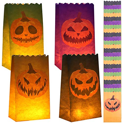 URATOT 24 Pieces Halloween Pumpkin Luminary Bags Jack-o'-Lantern Paper Luminary Bags Paper Lantern Bags Flame Resistant Candle Bags with 4 Pumpkin Silhouettes for Home Halloween Party
