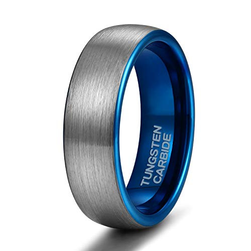 Shuremaster 6mm Tungsten Carbide Wedding Ring Band for Men Women Silver Blue Two Tone Brushed Comfort Fit Size 7