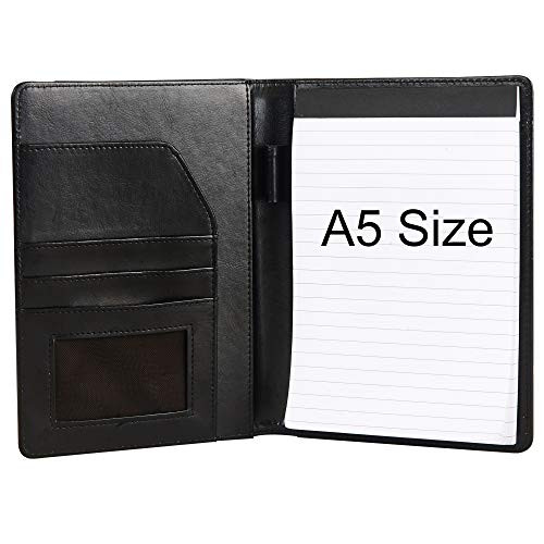 Document Organizer Padfolio Resume Portfolio Folder Clipboard Pad Holder Letter Size A5 with Writing Notepad Business Card Holder for School Office Interview (Black-A5 Size)