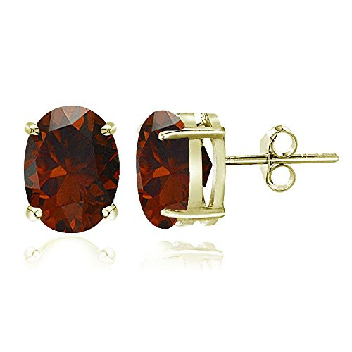 Gold Flash Sterling Silver Garnet 7x5mm Oval Stud Earrings