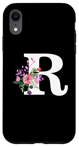iPhone XR floral monogram white initial letter R cute pink red flowers Case