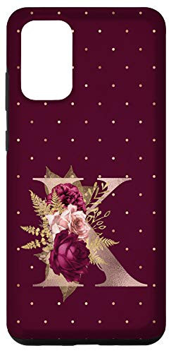 Galaxy S20 plus Maroon floral Initial Letter K monogram blush flowers Case