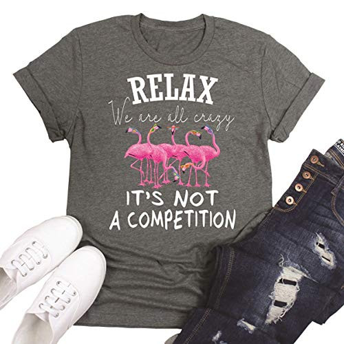 Beopjesk Womens Funny Flamingo T-Shirt Summer Short Sleeve Round Neck Graphic Tees Tops -L Grey-