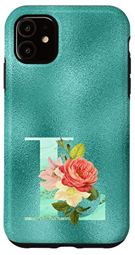 iPhone 11 Teal floral Initial letter L monogram blush flowers Case