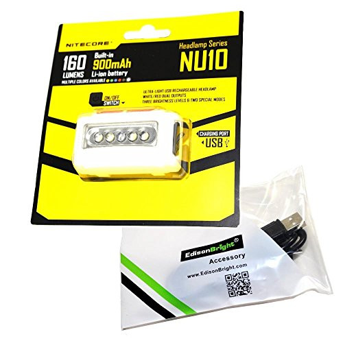 Nitecore NU10 160 Lumen USB rechargeable LED headlamp/worklight and EdisonBright brand USB charging cable bundle (White)