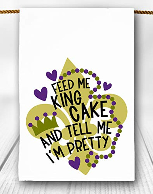 Feed Me King Cake and Tell Me I'm Pretty Mardi Gras Tea Towel