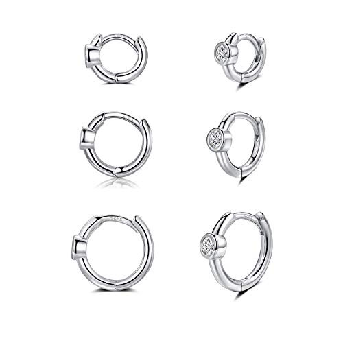 Small Silver Hoop Earrings for Women - Hypoallergenic Sterling Silver Post 14k White Gold Hoops Cubic Zirconia Cartilage Earring Set 6-8-10mm