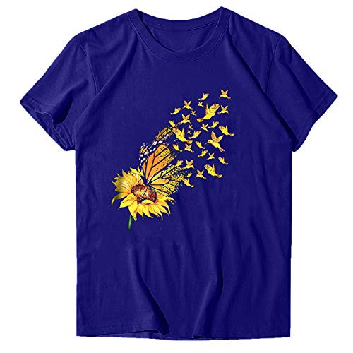 Tops for Women T-Shirt Cute O-Neck Summer Gradient Printed Fitting Blouse Short Sleeve Loose Casual Stretch Funny Shirts-BlueXL-