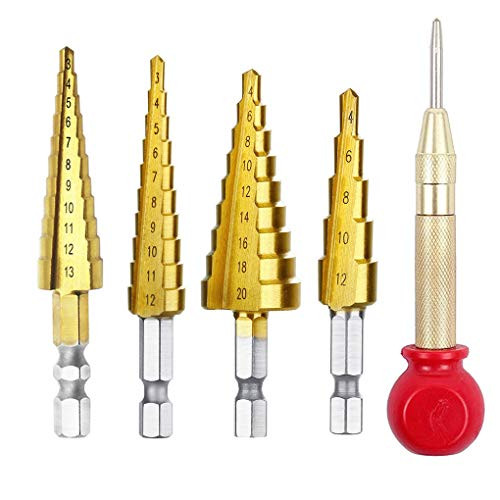 HSS Step Drill Bit Sets, 4Pcs Titanium Step Core Drill Bits w/Automatic Center Punch, 2 Fluted Edge Stepped up Bits 1/4" Hex Shank Step Cone Bits DIY Woodworking Metal Drilling Bit Hole Saw Cutters