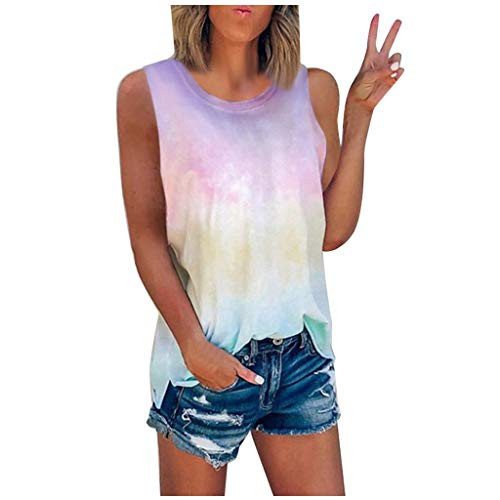 Women Tank TopsWomens Casual O-Neck Sleeveless Shirts Workout Tank Tops Loose Tie Dye T Shirts Summer Blouse Camisoles Pink