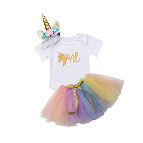 3PCS Unicorn Outfit Newborn Baby Girls 1st Birthday Romper  plus Tutu Skirt Dress  plus Headband Clothing Set -18-24M Unicorn One-