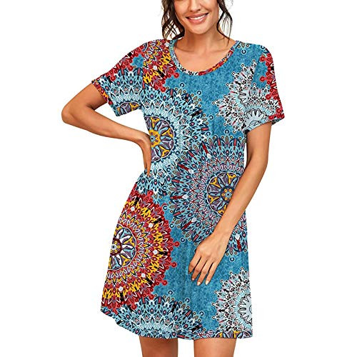 Dress for Women Floral Print Summer Dress Casual Short Sleeve O-Neck Ladies Loose Mini Dress Navy