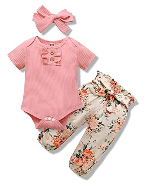 0-3 Months Girl Clothes Newborn Baby Girls Outfits Pink Infant Romper Baby Girl Floral Pants Set Summer Baby Girl Clothing 0 to 3 Month