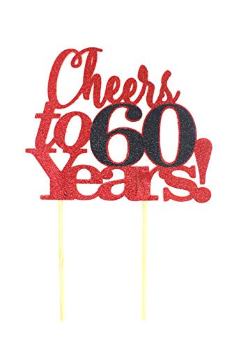 All About Details Cheers to 60 Years! Cake Topper,1pc, 60th Birthday, Anniversary, Party Decor, Glitter Topper (Red & Black)