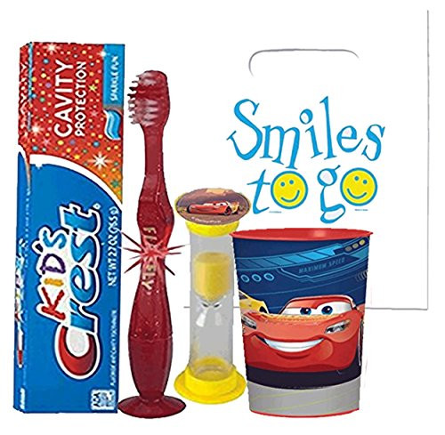 Disney Cars 4pc Bright Smile Oral Hygiene Bundle Light Up Toothbrush Toothpaste Brushing Timer  and  Mouthwash Rise Cup Featuring Ligthning McQueen  and  Cruz Ramirez Plus Dental Gift Bag