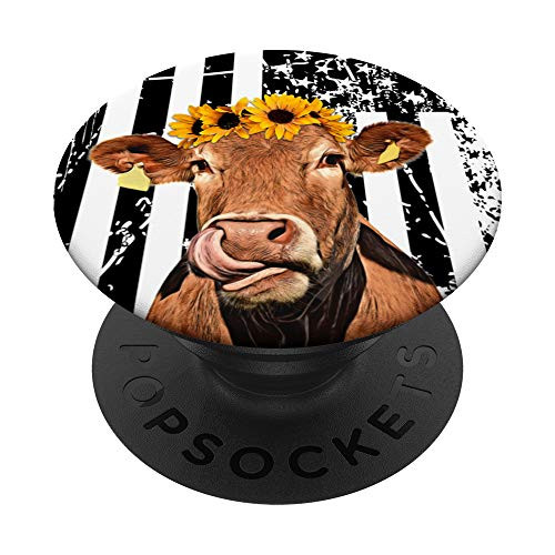 Cow Black American Flag Floral Design Sunflower Wildflower PopSockets PopGrip- Swappable Grip for Phones  and  Tablets