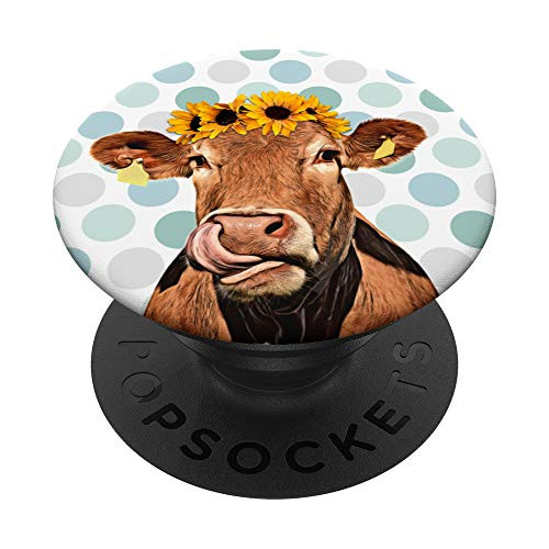 Cow Teal Polka Dots Floral Design Sunflower Wildflower Gift PopSockets PopGrip- Swappable Grip for Phones  and  Tablets