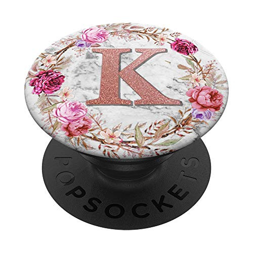 Letter K Pink Golden Rose Monogram on Marble background PopSockets Grip and Stand for Phones and Tablets