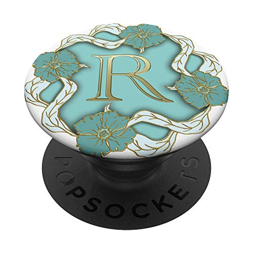 R Teal Turquoise Floral Flower Monogram Initial Letter Name PopSockets Grip and Stand for Phones and Tablets