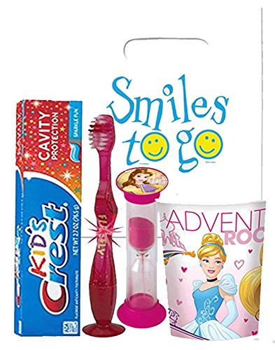 Girl Themed Licensed 4pc Bright Smile Oral Hygiene Bundles Light Up Toothbrush Toothpaste Brushing Timer  and  Mouthwash Rinse Cup Plus Dental Gift Bag  and  Tooth Saver Necklace  -Princess-