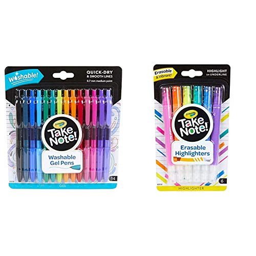 Crayola Colored Gel Pens for Kids and Adult Coloring Washable Pens Medium Point 14 Count  and  Take Note Erasable Highlighters Cool School Supplies Chisel Tip Markers 6 Count