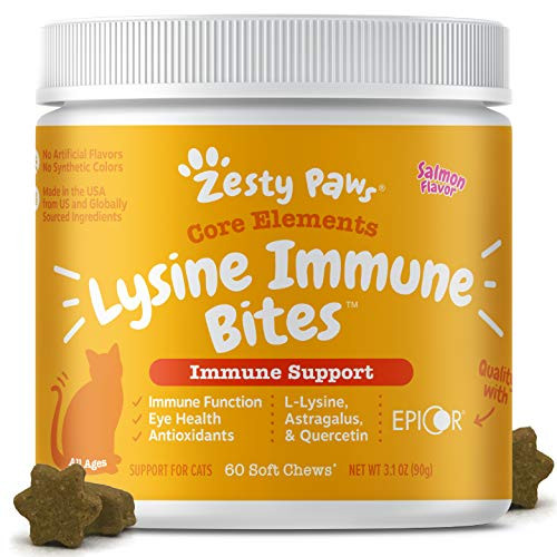 Zesty Paws Lysine Immune Soft Chews for Cats - with L-Lysine EpiCor Astragalus Root Quercetin  and  Antioxidants - Advanced Functional Supplement for Cat Immune Support - Salmon Flavor - 60 Count