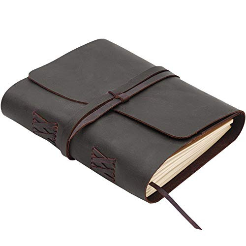 Dark Brown Leather Journal Lined Pages - Refillable Writing Notebook - Leather Bound Journal for Men and Women - Small Leather Notebook Gift Set with Pen - Leather Sketchbook - 200 pages 5x7  1001