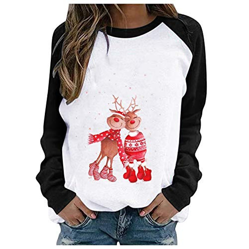 Kinsaiy Christmas Women's Sweatshirts Funny Print Pullovers Long Sleeve O-Neck Blouses Tops Loose Casual Tunic Shirt White
