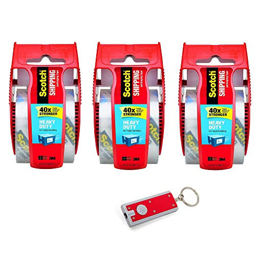 Scotch Heavy Duty Packaging Tape 1.88" x 22.2 yd Designed for Packing Shipping Strong Seal on All Box Types 40x Stronger Than Acrylic 1.5" Core Clear w- 1 LED Flashlight Key Chain - -3 Pack-