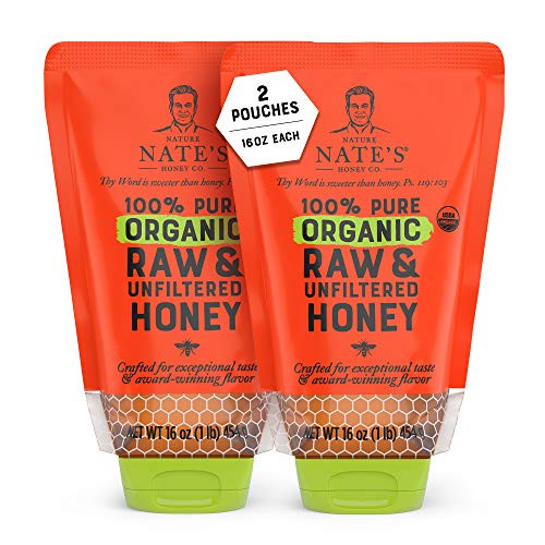 Nature Nate's 100 percent Pure USDA Organic Raw  and  Unfiltered Honey Two 16 oz. No-Drip Sustainable Squeeze Pouches- Purity Guarantee No Additives
