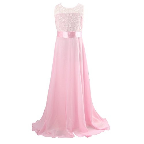 Floor Length Dress Acecharming Big Girls Lace Chiffon Dress Wedding Bridesmaid Dress Dance Party Gown Maxi Girl Long Dress Pink Size 9-Suitable for 7-8 Years-