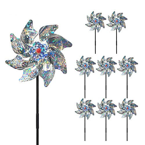 Fanng Bird Pinwheels Sparkly Silver Spinners Holographic Mylar Reflective Materials Scare Birds Away for Garden Party Lawn Kids Decor -Set of 8-