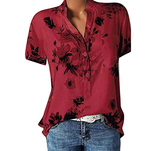 OutTop Womens Tops with Pocket Casual Crewneck Short Sleeve Solid Loose Comfy Daily Cotton Shirts Blouse Tees Tunic -Wine L-