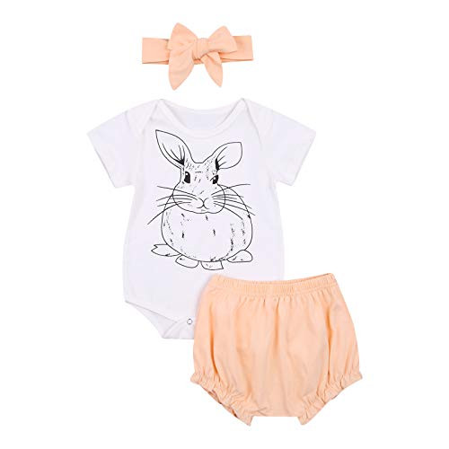 3Pcs Newborn Toddler Baby Girl Easter Clothes First Easter Bunny Short Sleeve Romper Shorts with Headband Outfit -A-White 18-24 Months-
