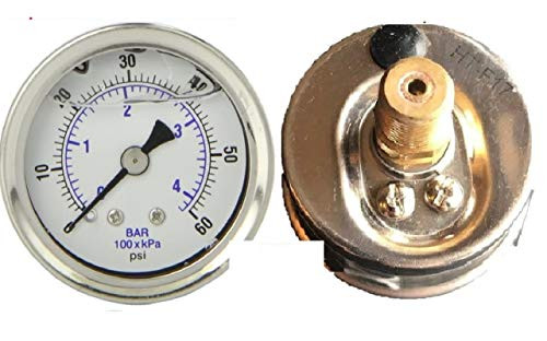 NEW STAINLESS STEEL LIQUID FILLED PRESSURE GAUGE WOG WATER OIL GAS 0 to 60 PSI BACK MOUNT 0-60 PSI 1-8" NPT 1.5" FACE DIAL BACK MOUNT FOR COMPRESSOR HYDRAULIC AIR TANK