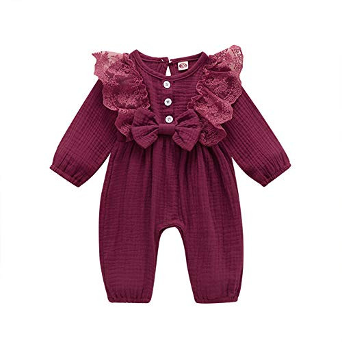 Toddler Baby Girl Cotton Linen Lace Long Sleeve Ruffle Romper Jumpsuit One-Piece Bodysuit Outfit Fall Winter Clothes -Red Wine 12-18M-