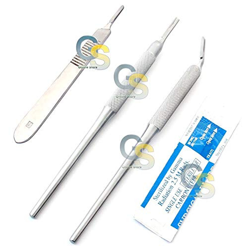 G.S 3 PCS Scalpel Knife Handle 3 -Round Straight plus Round Angled Bent  plus Flat Straight- with 5 STERILE Blade 12  plus 5 STERILE Blades 15