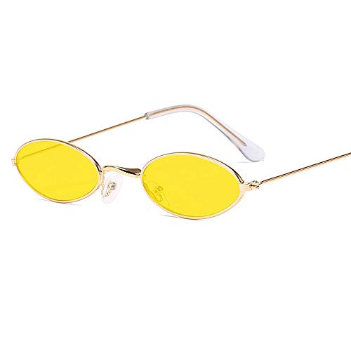 Laiqian Vintage Oval Sunglasses for Women Men Retro Candy Round Sunglass Classic Narrow Yellow Lenes Mirrored Gold Frame Protection UV Driving Shades Eyewear with Glasses Case