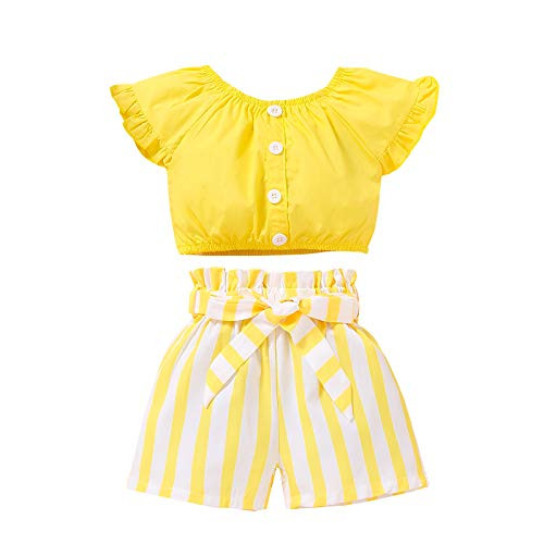 Toddler Kids Baby Girl Clothes Outfit Set Ruffle Sleeve Button Solid Color Crop Tops Striped Shorts Summer Clothes for Little Girl -Yellow 2-3T-