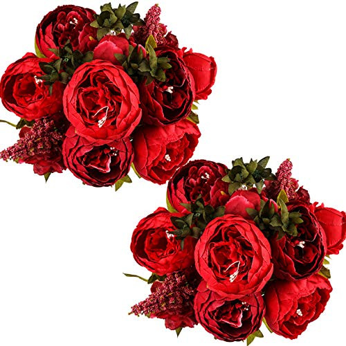 Ogrmar Vintage Artificial Peony Silk Flowers Bouquet for Decoration (Red x2)